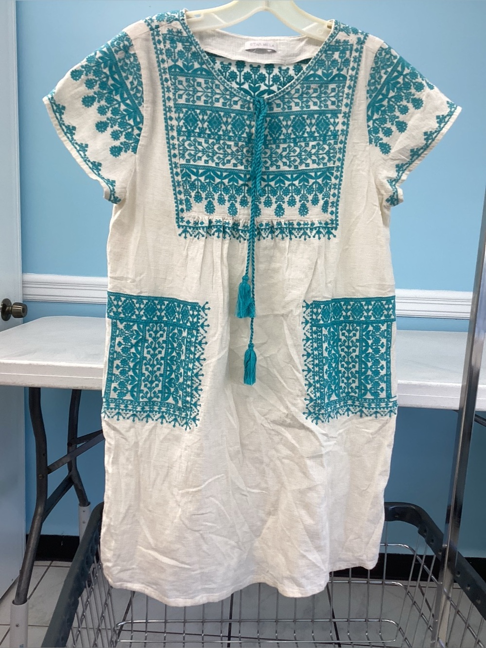 M Star Mela Cotton Peasant Mini Dress Tiny Cross Stitch Embroidery